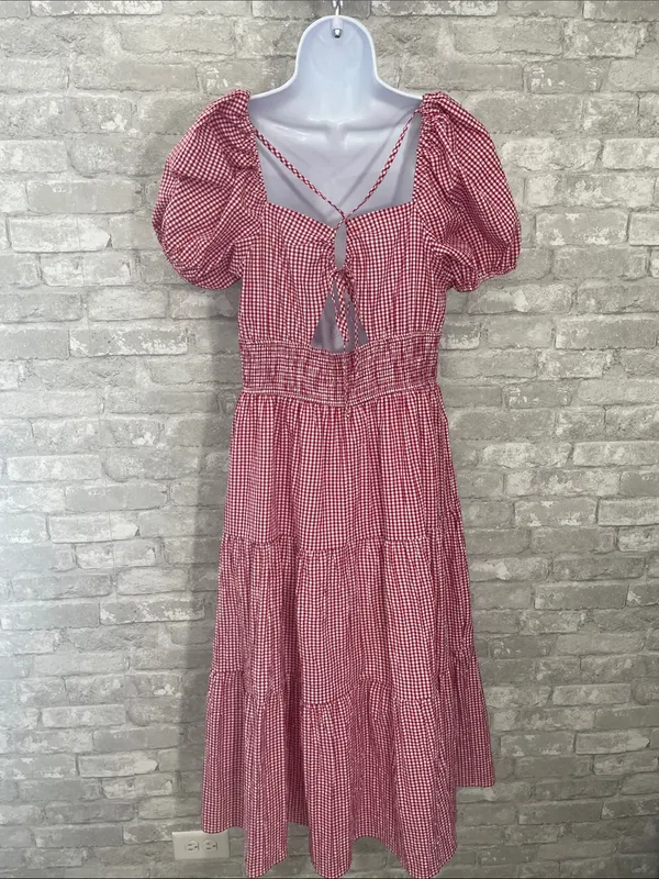 City Triangles Red Gingham Puff-Sleeve Midi Dress - Image 3