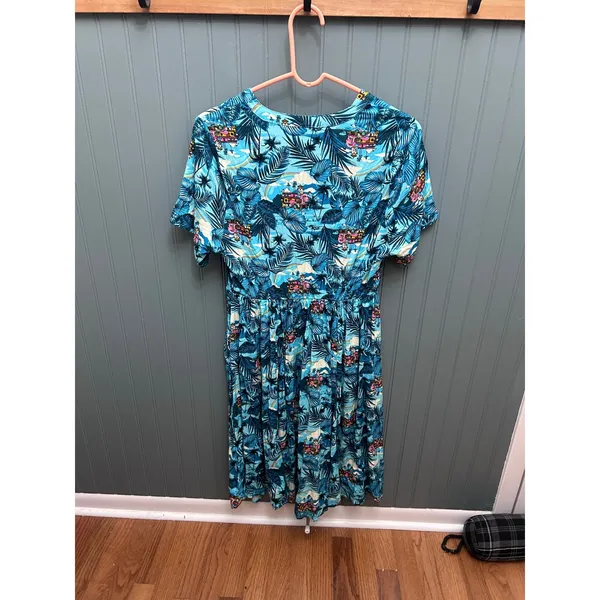 Disney Women Blue Tropical Palm Leaf House Print Button Front Midi Dress Size 0 - Image 3