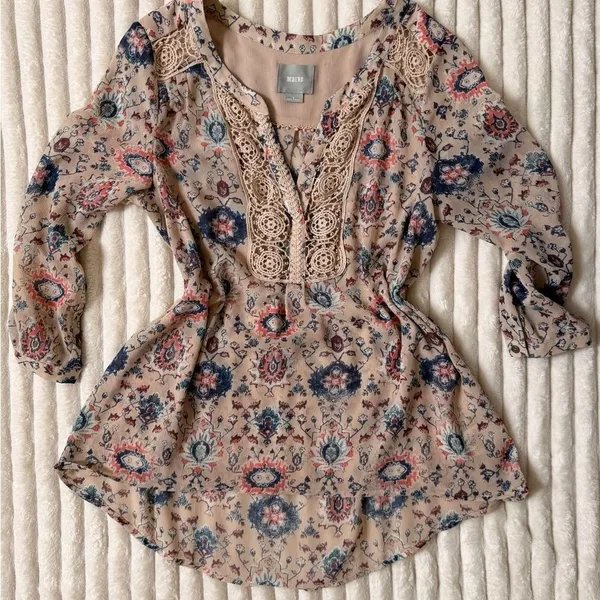 Maeve Anthropologie Stillwater Boho Henley Blouse 6 Floral Crochet Lace Top - Image 9