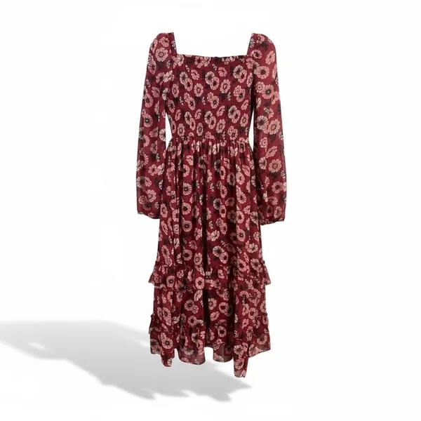Teens Burgundy Floral Print Square Neck Long Sleeve‎ Tiered Ruffle Midi Dress 16 - Image 3