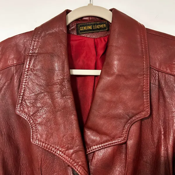 Womens Genuine Leather Belted Blazer Jacket Burgundy Size‎ Small - Image 9