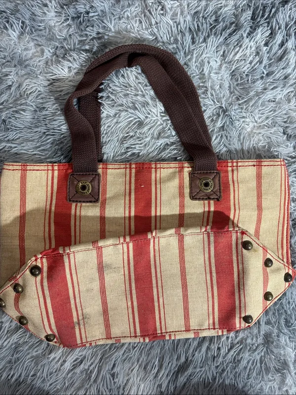Striped Red and Cream Canvas Tote with Brown Handles - Image 2