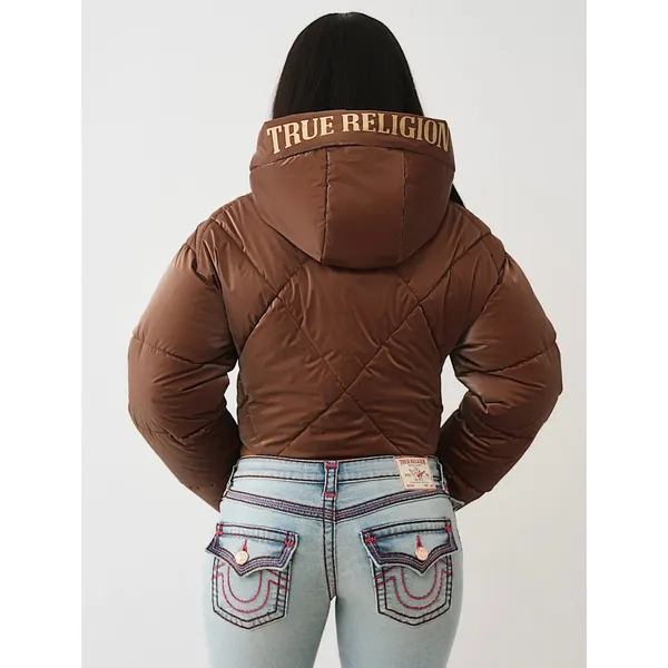 NWT!! TRUE RELIGION High-Shine Metallic Hooded Puffer Jacket Bronze Large - Image 9