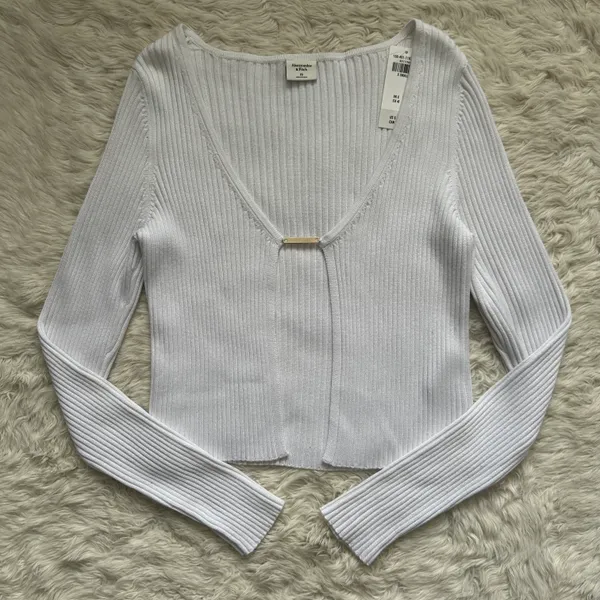 Top Slim Bar Closure Open Cardigan Ribbed White XS NWT New - Image 2