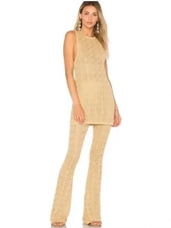 Free People Take Me Out Co-Ord Gold Metallic‎ Knit 2 Piece Set Flared Leg Small - Image 3