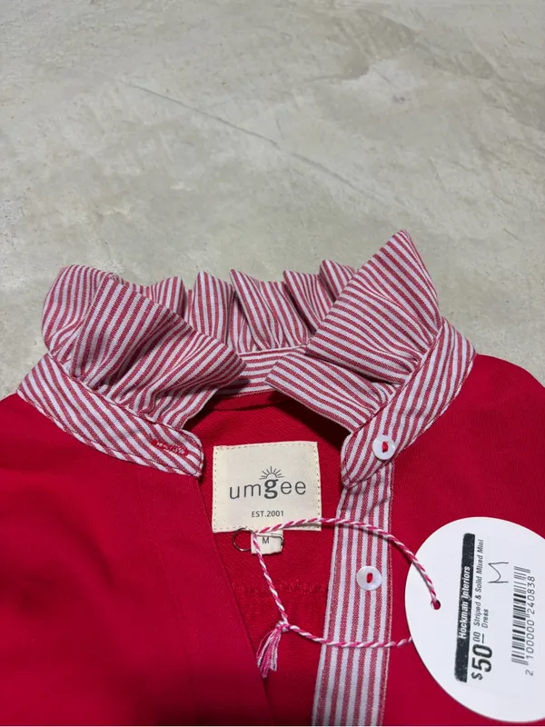 Umgee NWT striped & solid mixed Red Polo mini Dress Ruffle Hem medium MSRP$50 - Image 5