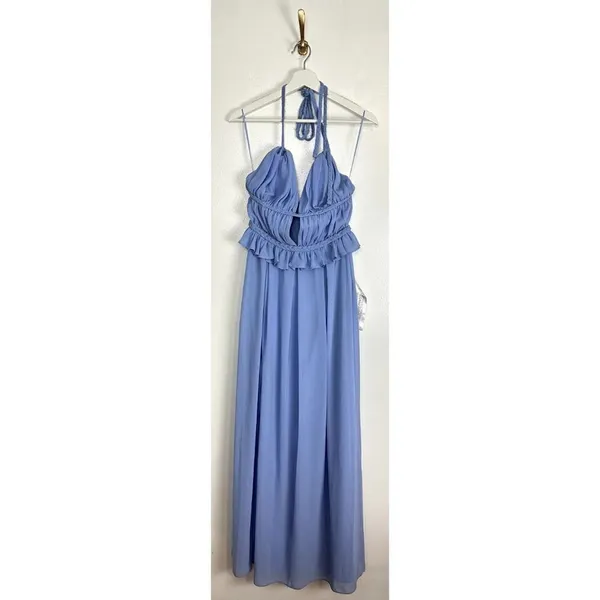 DRESS THE POPULATION Athena Halter Neck Gown in Periwinkle Size Small - Image 3