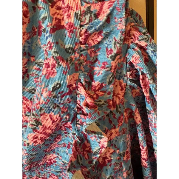 Entro Blue Pink Floral Corduroy Peplum Top V-Neck Ruffle Long Sleeve Blouse L - Image 3