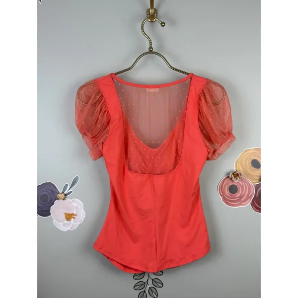 Free People Intimately Coral Blush Up Ruched Crop Sleeved Blouse - Size - Small - Image 6