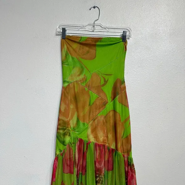 Green Floral Strapless Backless Sheer Mesh Side Slit Maxi Dress Sz S - Image 3