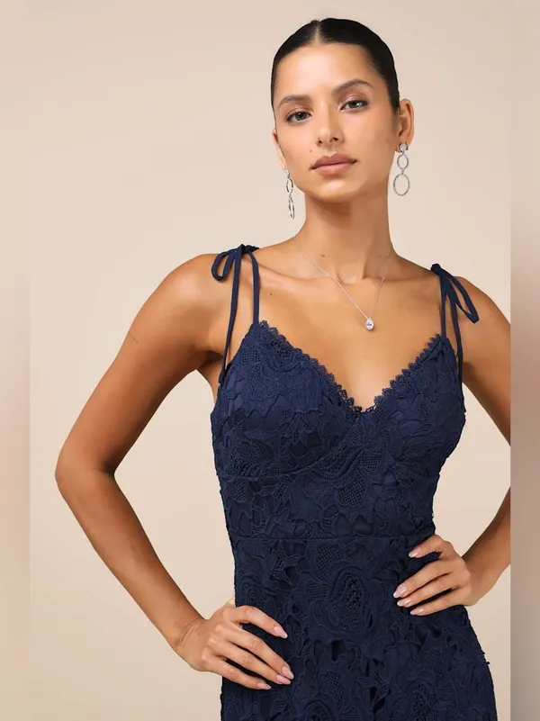 Lulus Compelling Sweetness Navy Blue Lace Tie-Strap Midi Dress Size Small Formal - Image 4