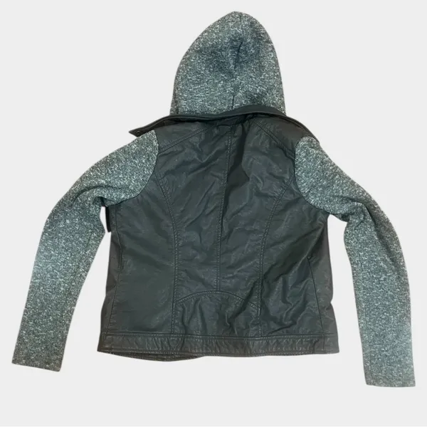 Gray Faux Leather Jacket with Knit Sleeves and Removable Hood - Image 6