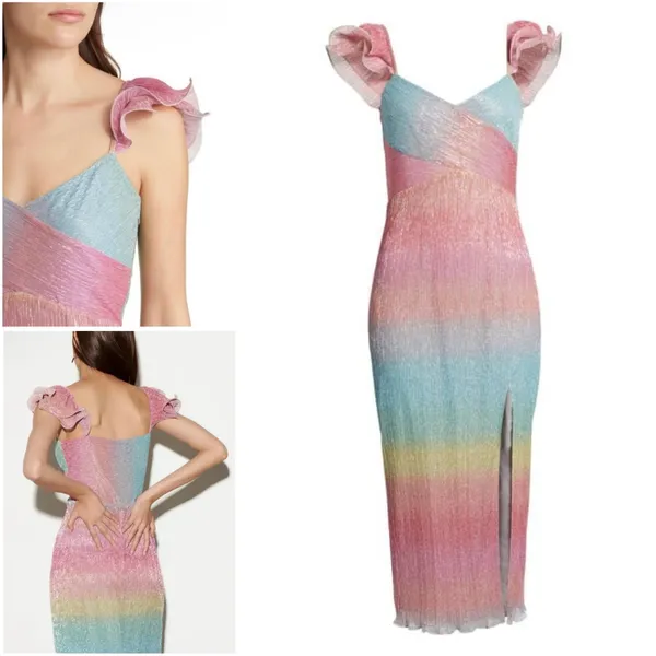 Saylor Myrah Metallic Rainbow Ombré Flutter Sleeve Midi Cocktail Dress - Image 3