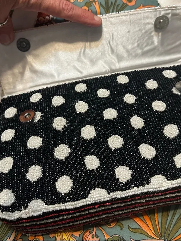 Beaded Polka Dot & Stripe Shoulder Bag in Red, Black & White - Image 6