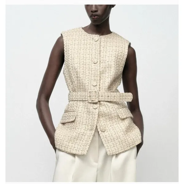 Zara Tweed Vest Women Medium Gold Metallic Belted Longline Sleeveless Jacket NEW - Image 2