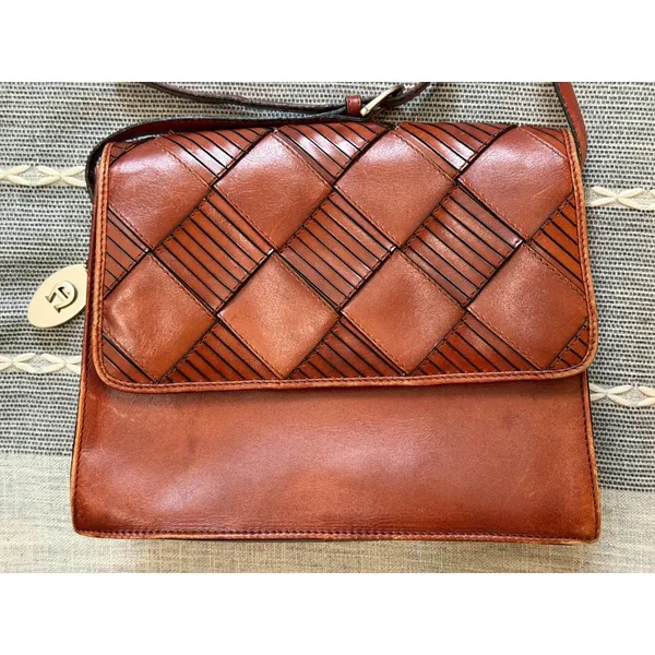 Vintage Brown Woven Leather Etienne Aigner Boho Purse Handbag - Image 2