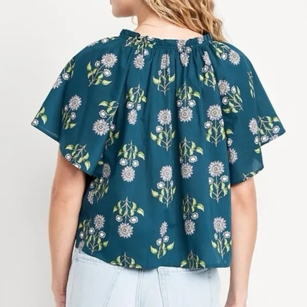 Old Navy Flutter Sleeve Tassel tie Boho Top Teal Floral Cotton Size Medium - Image 2