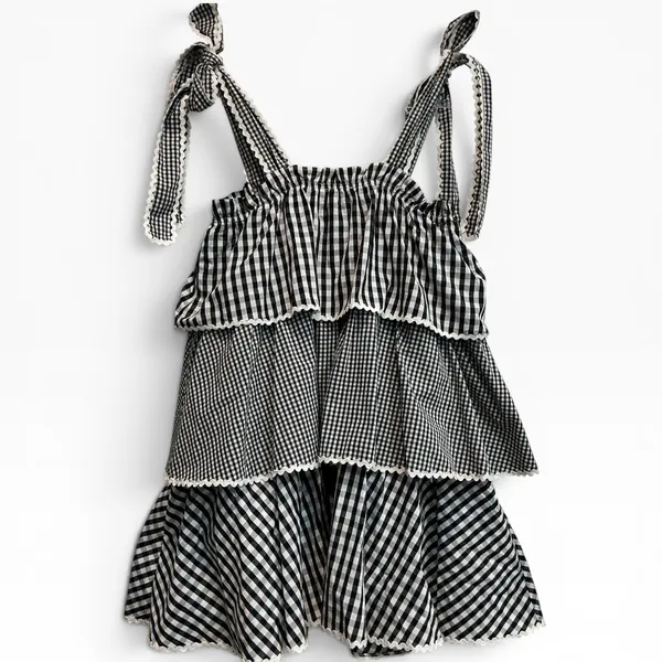 Hyacinth House‎ Donna Gingham Tiered Mini Dress Black White Ric-Rac XS - Image 2