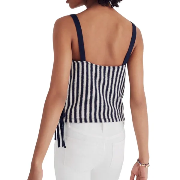 Madewell Navy Blue & Ivory Striped Jacquard Side Tie Faux Wrap Finale Cropped Tank Small - Image 4