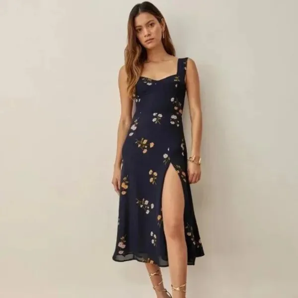 Reformation | Fulton Sweetheart Floral Midi Dress Navy Blue Petite - Image 2