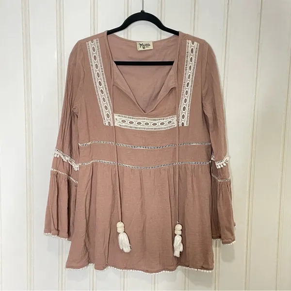 Show Me Your Mumu Romina Tunic Dress Mauve Boho Bell Sleeve Pom Pom Small 845 - Image 2