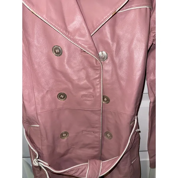 Wilsons Leather Maxima Womens Pink Leather Trench‎ Coat Belted Leopard Lining S - Image 2
