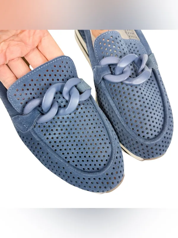 NYDJ Fern‎ Blue Suede Perforated Platform Loafers Chain Size 9 - Image 11