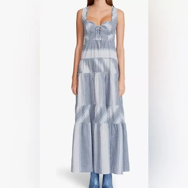 Betsey Johnson Stripe Play Yarn-Dye Tiered Maxi Dress Blue Small size Gingham - Image 5