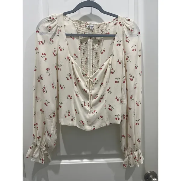 Reformation Chase Cherry Print Blouse Sz 4 - Image 2