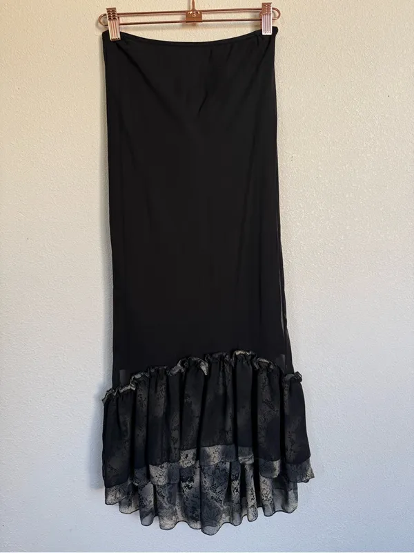 Whimsy Goth Black Mesh Midi Skirt Fairy-Grunge Romantic Floral Ruffle Y2K Sheer - Image 7
