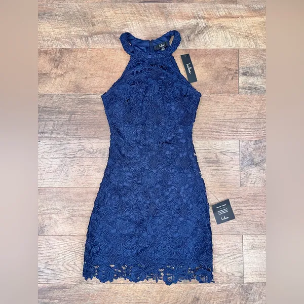 NEW Lulus Love Poem Navy Blue Lace Bodycon Halter Dress - Image 12