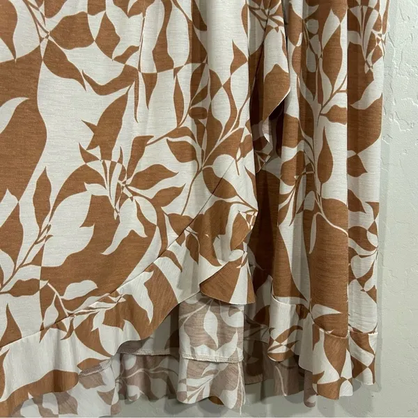 SPLA Tan White Leaf Print Faux Wrap Midi Dress Ruffle Tropical Summer Large NWT - Image 2
