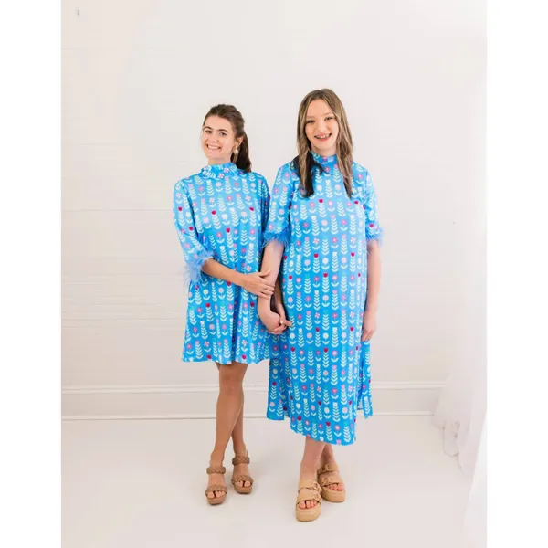 Blue Patterned Maxi Dress with Puff Sleeves Size L - Image 2