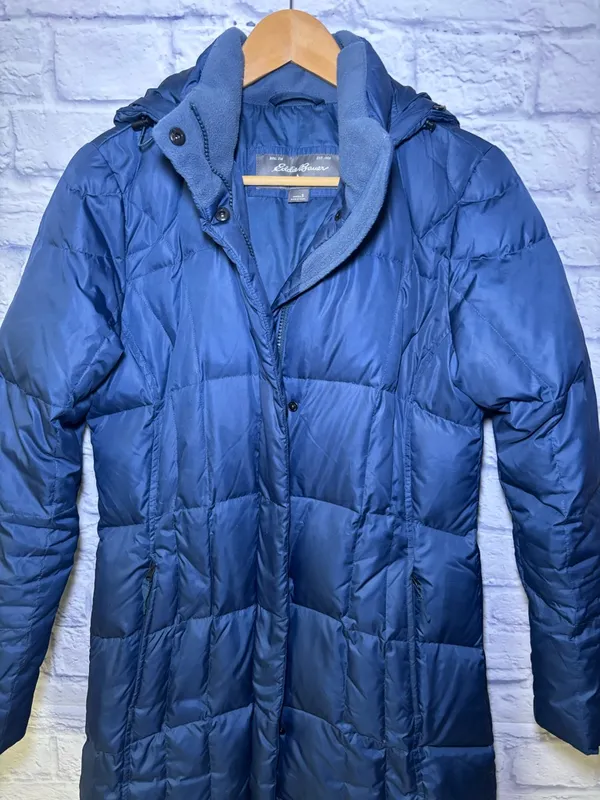Eddie Bauer Goose Down Filled Hooded Womens Trench Coat Parka Small Blue Winter - Image 2