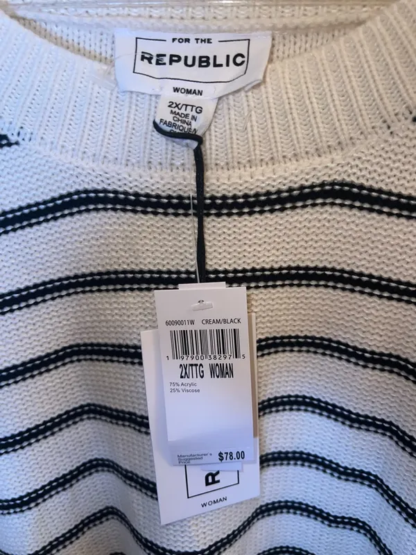 For The Republic Striped Knit‎ Sweater Cream Black 2X NWT - Image 3