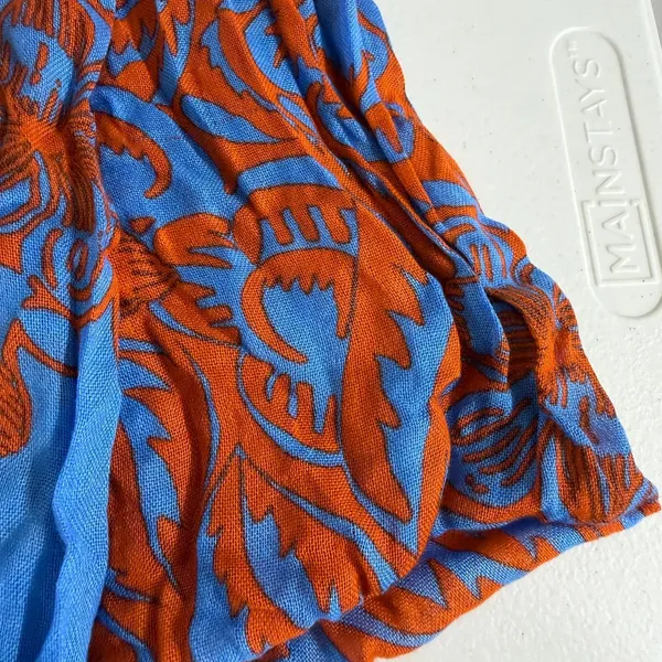Women's blue orange floral print fringe lightweight fashion scarf accessories - Image 3