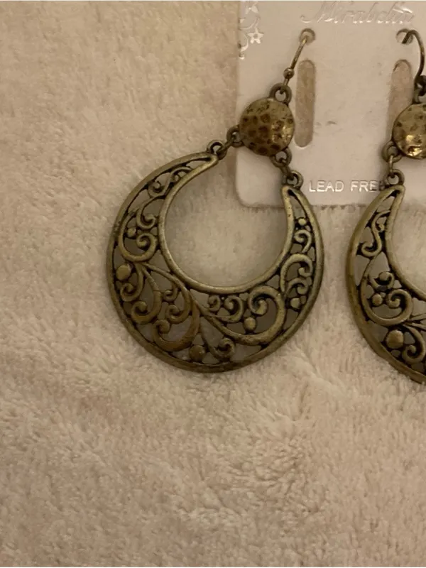 Filigree Scrolled Brass Hoop Drop Earrings - Women's Jewelry - Image 3