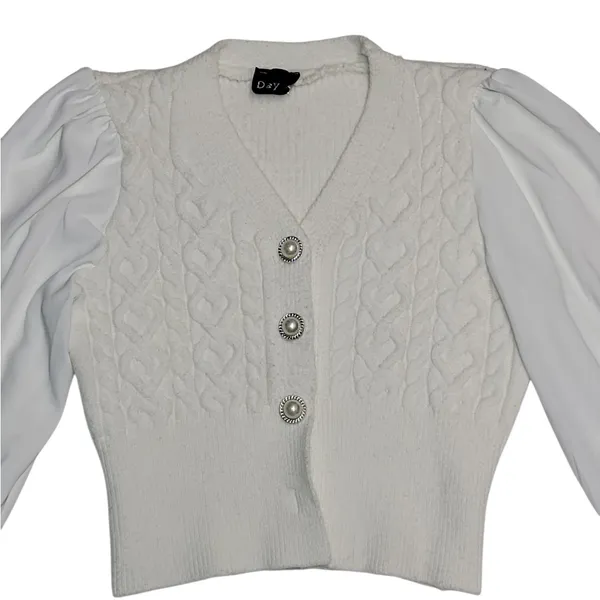 Victorian White Knit Puff Sleeves Cardigan Size S/M - Image 3