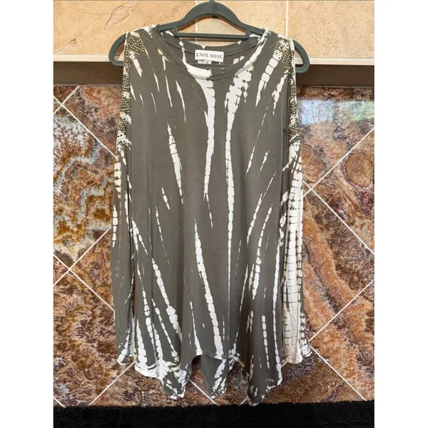 Knox Rose Olive Tie-Dye Studded Shoulder Cutout Long Sleeve Tunic Medium - Image 2