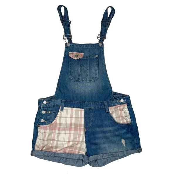 Lei Juniors L Blue Denim Overalls Plaid‎ Patchwork Shorts 100% Cotton Shortall - Image 2