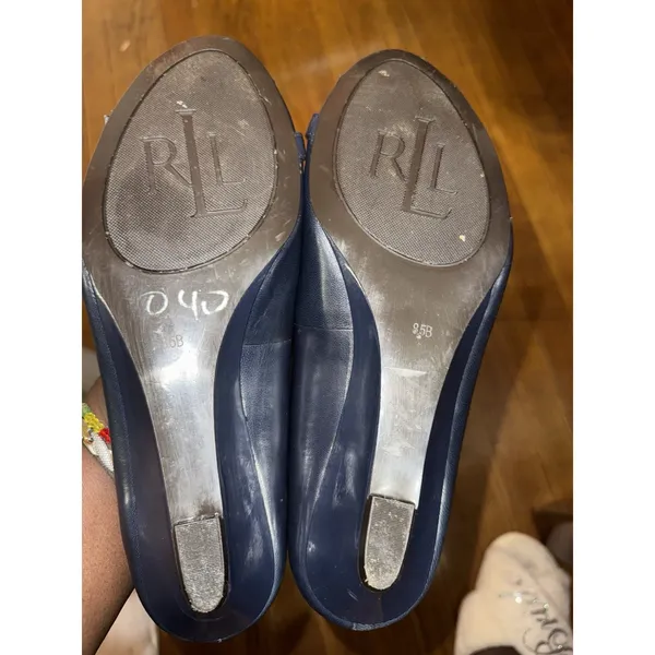 Ralph Lauren Madison Wedge Buckle Slip On Blue Peep Toe Shoes Women's Sz 8.5B‎ - Image 6