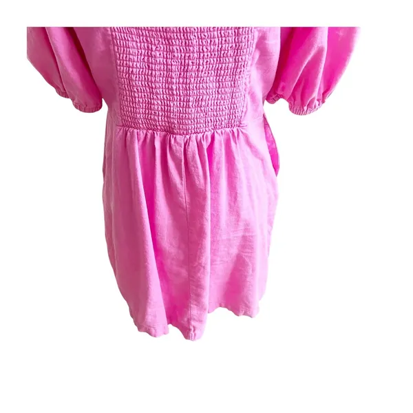 Old Navy Mini Dress Women M Pink Linen Blend Puff Sleeve Button Front Barbiecore - Image 8