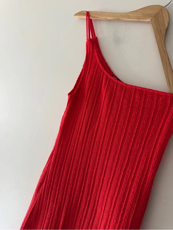 ZARA Asymmetric One Shoulder Midi Cable‎ Knit Red Dress - Image 4