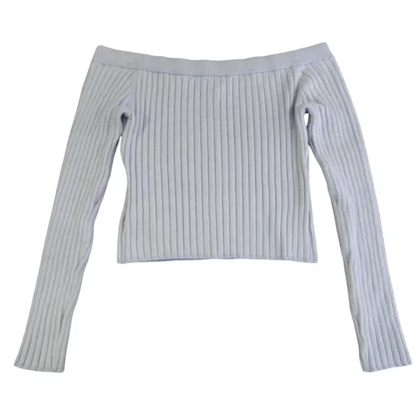 Aerie Off Shoulder Womens Light Blue Ribbed Slim Coquette Softgirl Sweater Large - Image 2