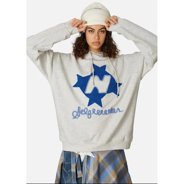 Aelfric Eden Hoodie Womens Medium Gray Blue Star Y2K Streetwear Chenille Patch - Image 2