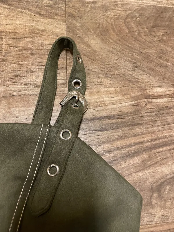 AUW Olive Green Faux Suede Mini Overall Dress with Silver Buckles Size Small - Image 6