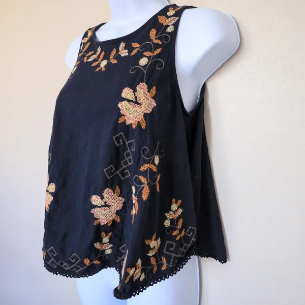 Free People Embroidered Swing Tank Top Women XS Navy Blue Floral Open Back Boho - Image 4