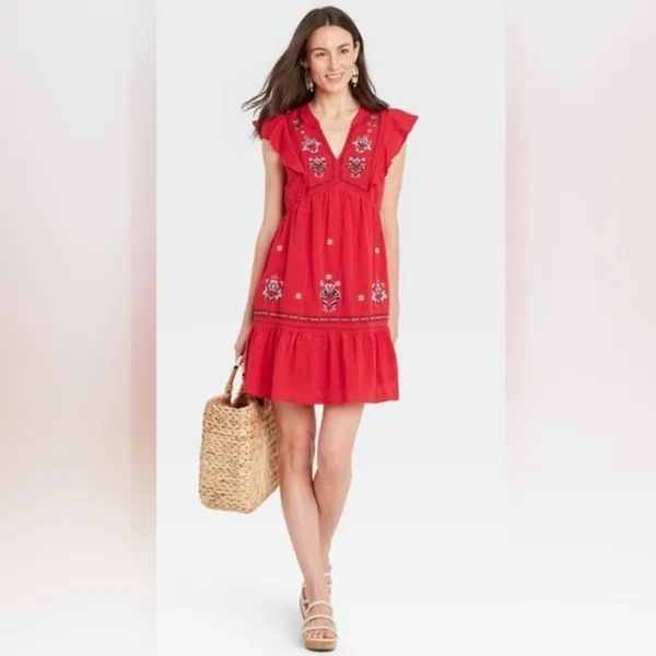 Knox Rose Women's Boho Short Sleeve V Neck Tiered Embroidered Dress Size L - Image 3