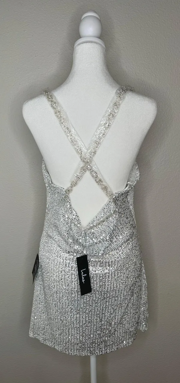 Silver Sequin Cowl Neck Mini Dress Sz M - Image 8