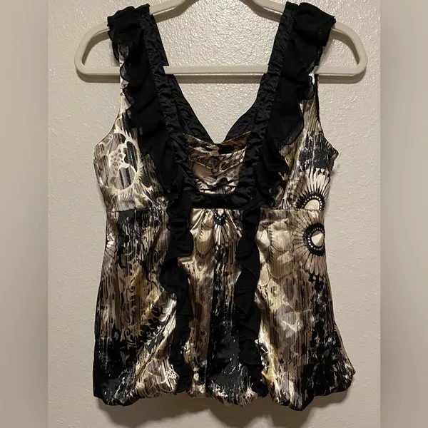 Grass Collection Ruffle Front Satin Tank | Black Cream Floral Blouse | Size M - Image 3